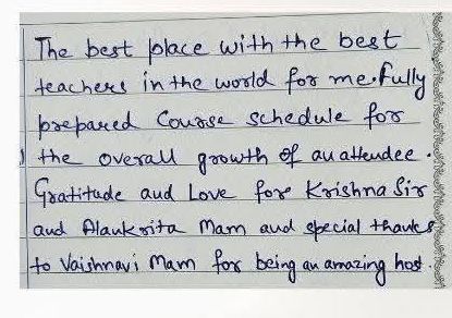 Handwritten note from a Light House student